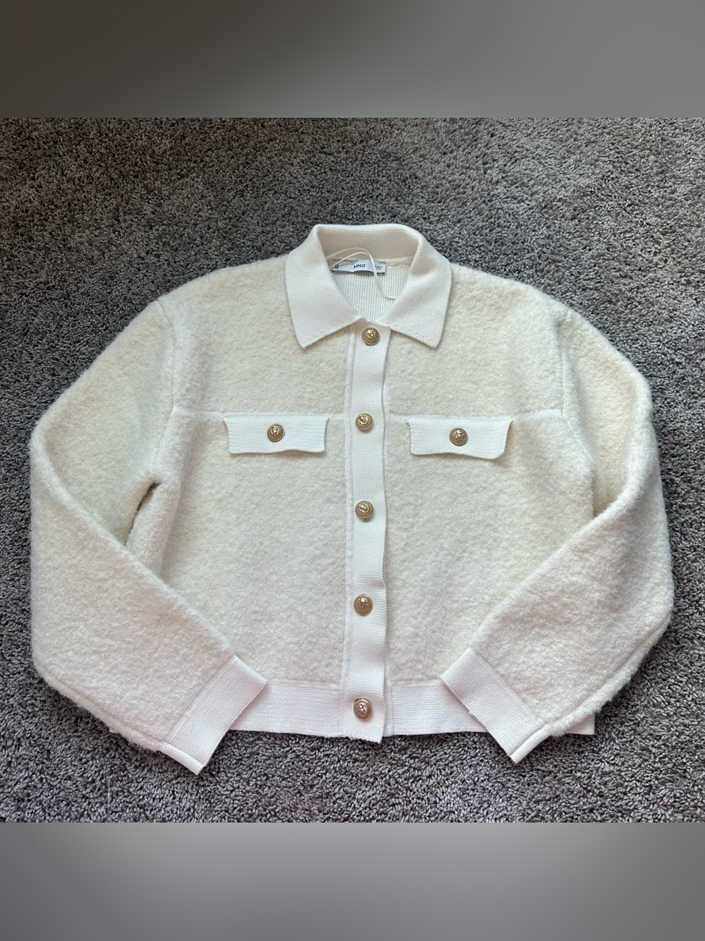 Mango Cream Button-Front Knit Blazer with Gold Buttons